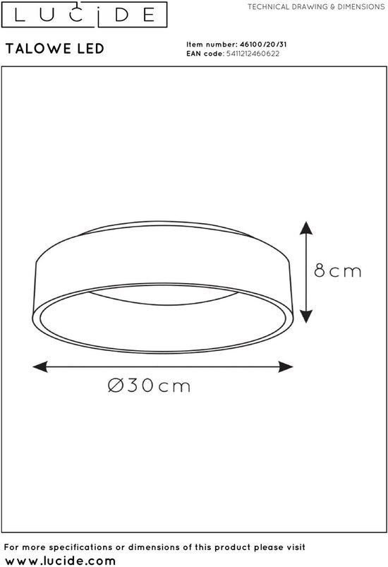 Lucide TALOWE LED - Plafonnière (Plafondlamp) - Ø 30 cm - LED Dimbaar - 1x20W 3000K - Wit