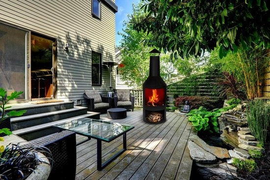BBQ Collection Buitenhaard met Schoorsteen - Tuinhaard 134 x 44,5 x 44,5 cm - Terrashaard voor Brandhout - Terraskachel met As-Opvangbak, Pook en Houtopslag - Tuin en Terras - Carbon Staal