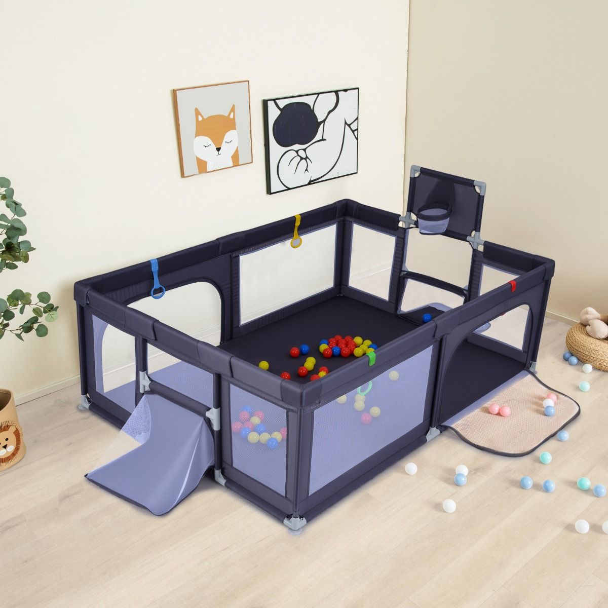 Coast Babybox 207x145x68 cm Donkergrijs - Grote Speelbox - Met Basketbalring en Voetbalnetten - Inclusief 50 Oceaanballen en Grijpringen - Veilig en Ruim Ontwerp