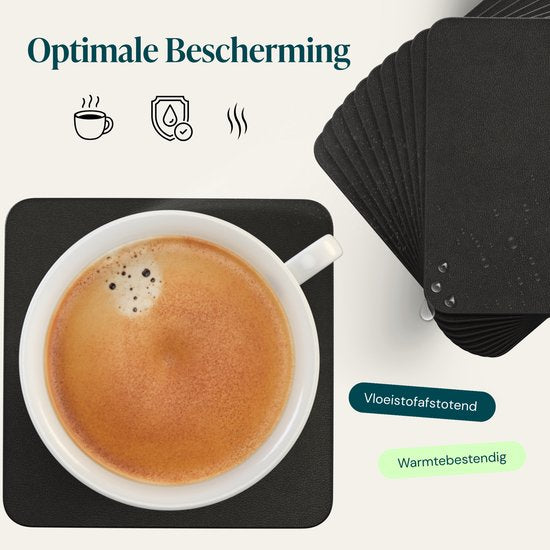 Castagnola Kunstlederen Onderzetters – Onderzetters voor Glazen – Design Onderzetters met Houder – Leren Onderzettersset met metalen houder – Leder – Set van 10 - Zwart - 10x10cm