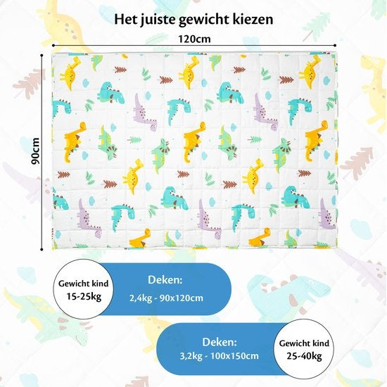EL-Life Verzwaringsdeken Kind 2,4kg - 90 x 120cm - Zwaartedeken - Weighted Blanket - Verzwaarde Deken - OEKO-TEX Katoen - Dino