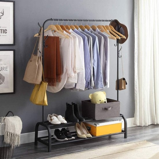 Avalo Industrieel Kledingrek - Metaal - 110x33x150 CM - Zwart - Opbergruimte Voor Schoenen - Garderoberek Met Haken