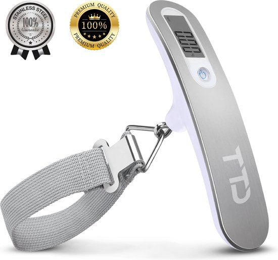 TTD® Kofferweegschaal - Tot 50 kg - Bagageweegschaal - Bagageweger - Hangweegschaal - Digital Luggage Scale - Kofferweger - Reizen met Vliegtuig - kg/g/lbs/oz - Inclusief Batterijen - Wit