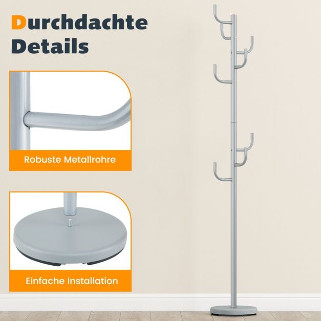 Coast Garderobestandaard Zilver – Moderne Kactus Kapstok met 8 Haken – 26,67 x 119/175 cm