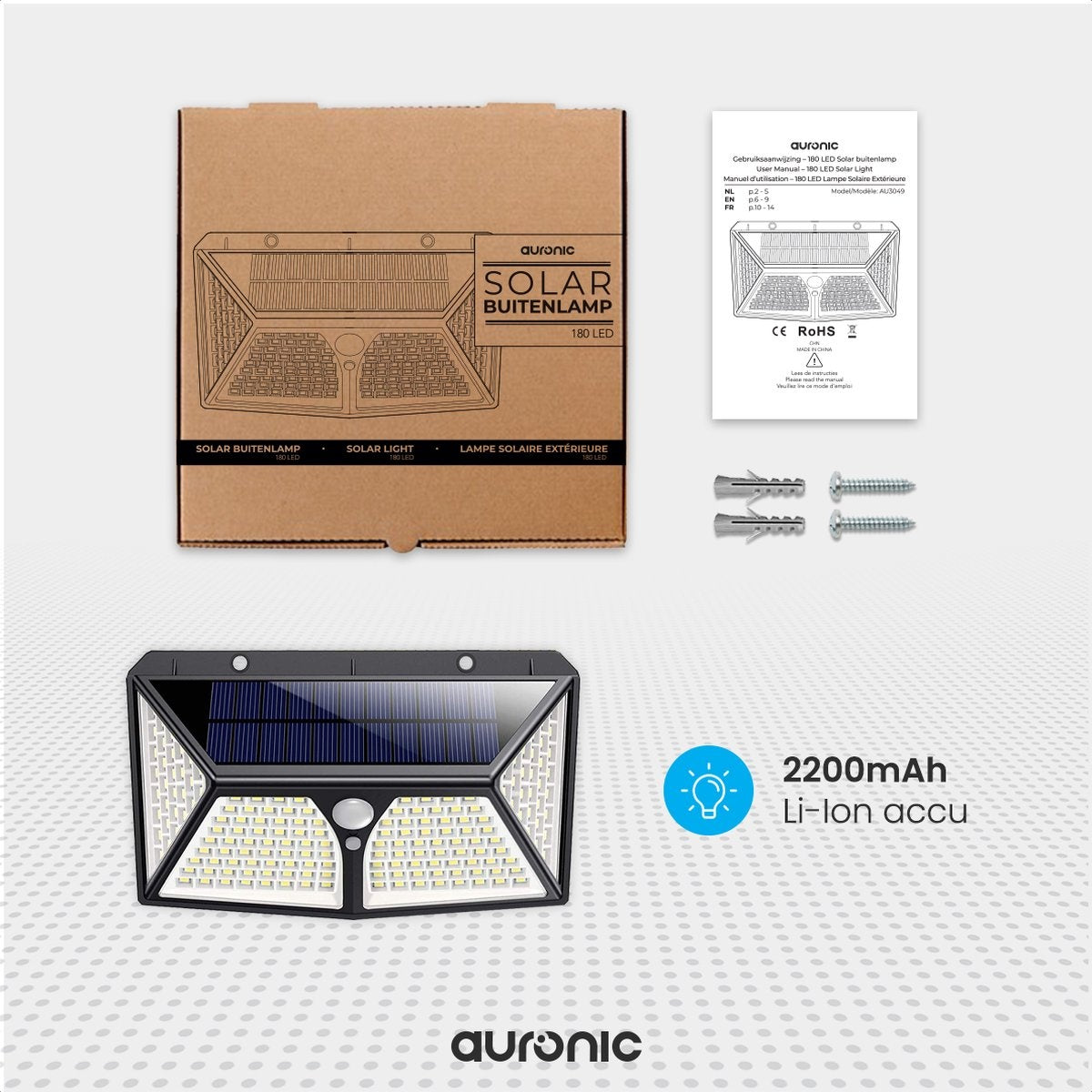 Auronic Solar Buitenlamp met Bewegingssensor - Tuinverlichting Op Zonne-energie - 180 LED's - IP65 - Zwart