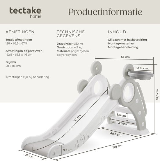 tectake® Kinderglijbaan - Glijbaan Peuter - Vanaf 2 jaar - Met basketbalring - Opvouwbaar - 128 x 66,5 x 67,5 cm - Voor binnen en buiten - Grijs