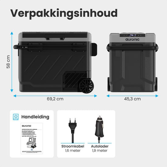 Auronic Compressor Koelbox Elektrisch 12V en 230 volt - Vriezen en Koelen - Coolbox - 58L - Frigobox - Grijs