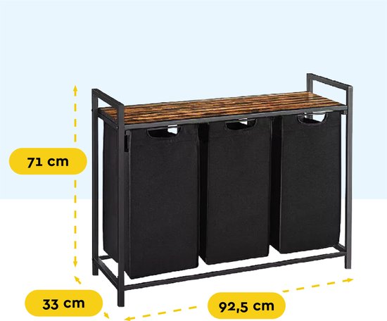 BRASQ Wasmand 3 vakken - Wassorteerder 114 Liter - Uitschuifbaar met Plank 92,5x33x71 cm - Wasbox Zwart Metaal - Bruin hout - Basket