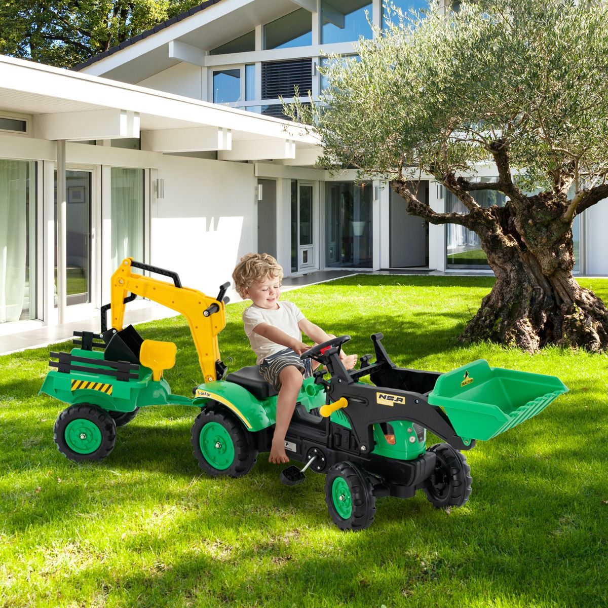 coast 3-in-1 zittractor voor kinderen – bulldozer - graafmachine - tractor – 180×41×64 cm – groen