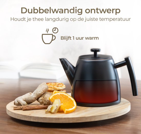 Vaja® Juliette Theepot met filter - Theekan - Dubbelwanding - 1 liter - RVS Zwart