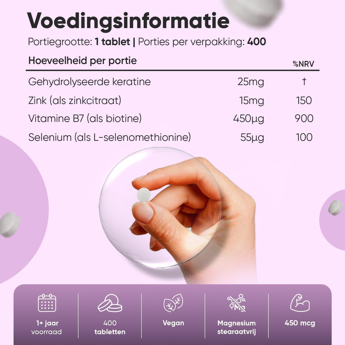 WeightWorld Biotine, Zink, Selenium & Keratine Tabletten – 400 Vegan Microtabletten (Ø 6 mm) – 1+ Jaar Voorraad – 15 mg Zink & 25 mg Keratine