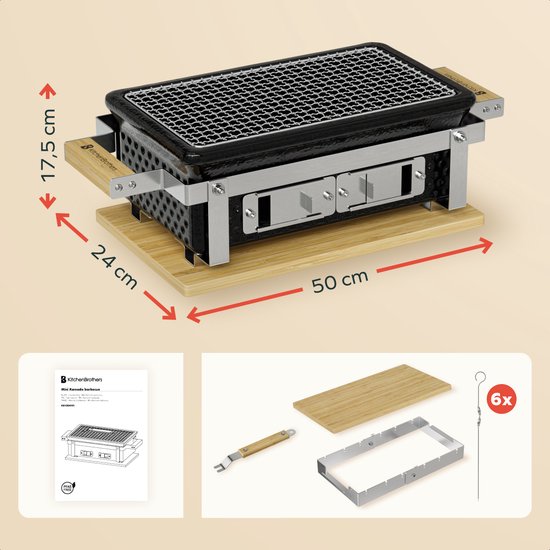 KitchenBrothers Kamado Hibachi Grill - Met Grillrek en Stokjes - Houtskool Barbecue - PFAS-vrij - Shichirin Tafelgrill - Rechthoekige BBQ - Keramische Barbecue - Zwart
