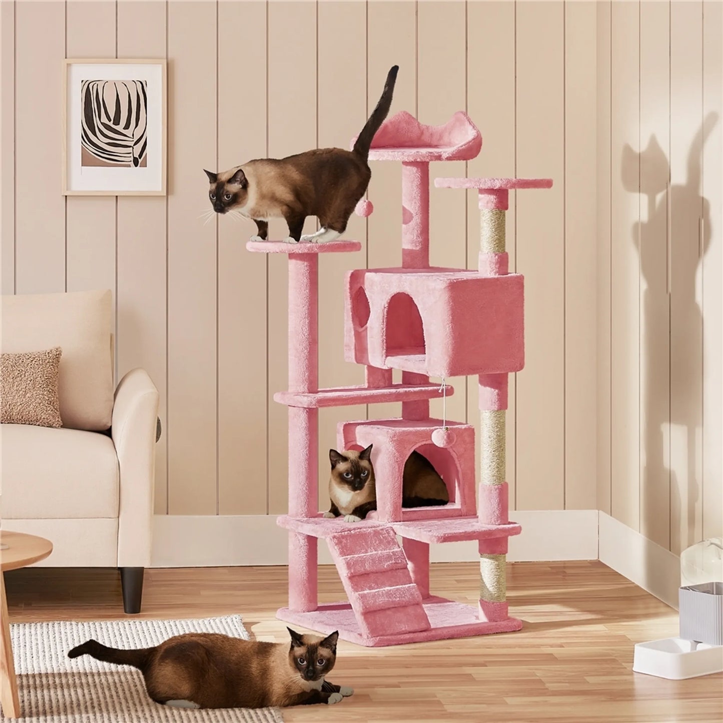 Yaheetech Krabpaal Met 3 Uitkijkplatforms – Voorzien Van 2 Kattenmanden En Sisalpalen En Speelbal Met Belletje – Voor Huishoudens Met Meerdere Katten – Roze Pluche En E1 Spaanplaat – 49 x 49 x 139 cm