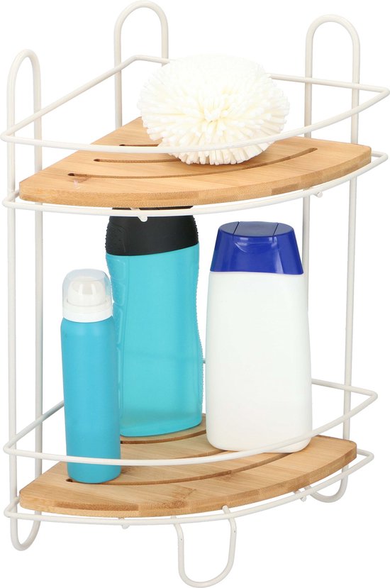 Bath& Shower Badkamer Hoekrek - 36 x 20 x 20 cm - Metaal en Bamboe - 2 Legplanken