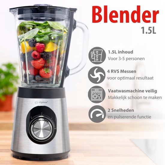alpina Blender Smoothie 1.5L - Mixer 500W met Glazen Kan - Keukenmixer met 2 Snelheden en Pulserende Functie - Antislip Voetjes - Eenvoudig te Reinigen