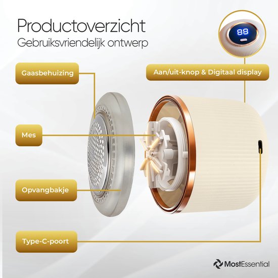 MostEssential Premium Elektrische Pluizenverwijderaar LR06 – Pluizentondeuse - USB-C Snellaadfunctie - Draadloos - Classic Edition