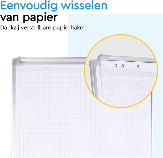 BRASQ Flipover Verrijdbaar Deluxe - 70x100 cm - Verstelbaar Whiteboard - Inclusief 25 vellen papier en accessoires - met Uitschuifbare Armen - Magnetisch bord met Haken - Magneetbord- Wit