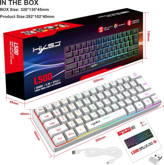 HXSJ L500 - Draadloze Gaming Toetsenbord - RGB - Tri mode - Qwerty Toetsenborden - Wit