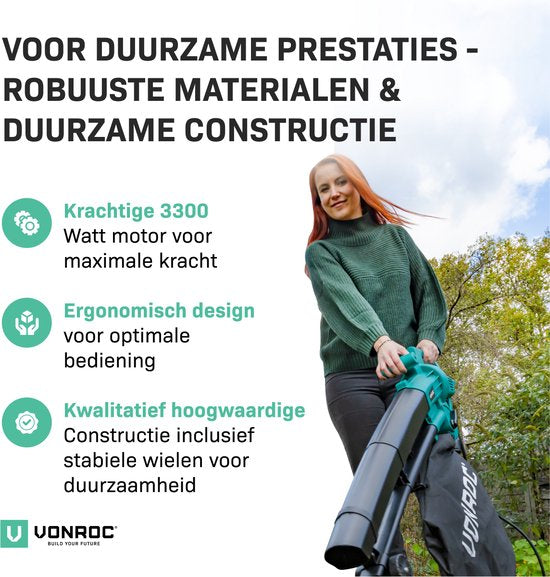 VONROC Bladblazer – Zuigen & Versnipperen – 3300 W – Incl. 40 liter Opvangzak – Zwart