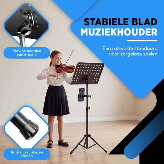 Finesse Muziekstandaard voor Bladmuziek met Telefoonhouder - XL - Opvouwbaar - met Draagtas - voor Tablet - Zwart
