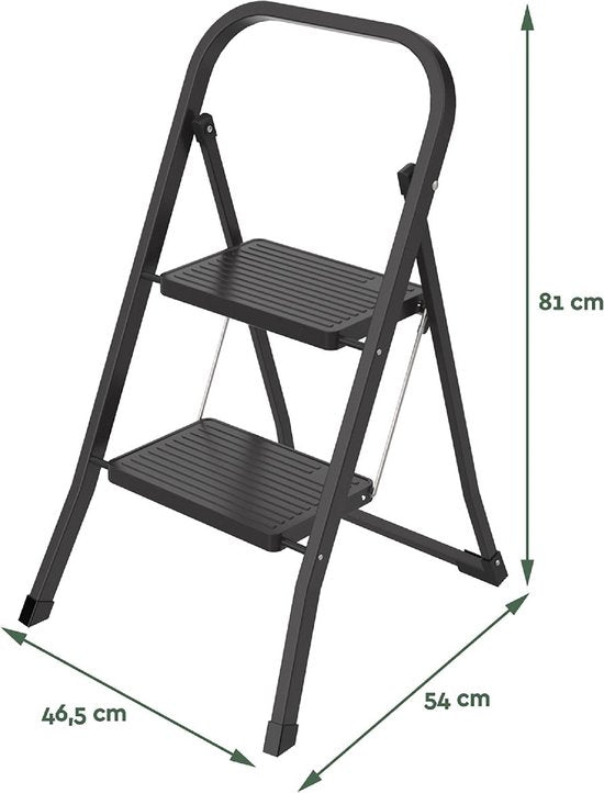 BRASQ Huishoudtrap 2-treden zwart - keukentrap inklapbaar metaal voor particulier en professioneel gebruik - Trapladder - Antislip