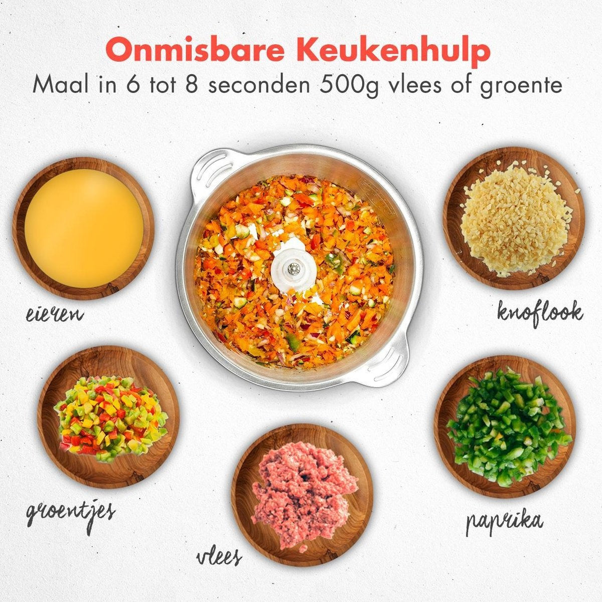 KitchenBrothers Hakmolen - Food Chopper - Elektrisch - 2 Snelheden - 300 W - 1,8 L - RVS Kom