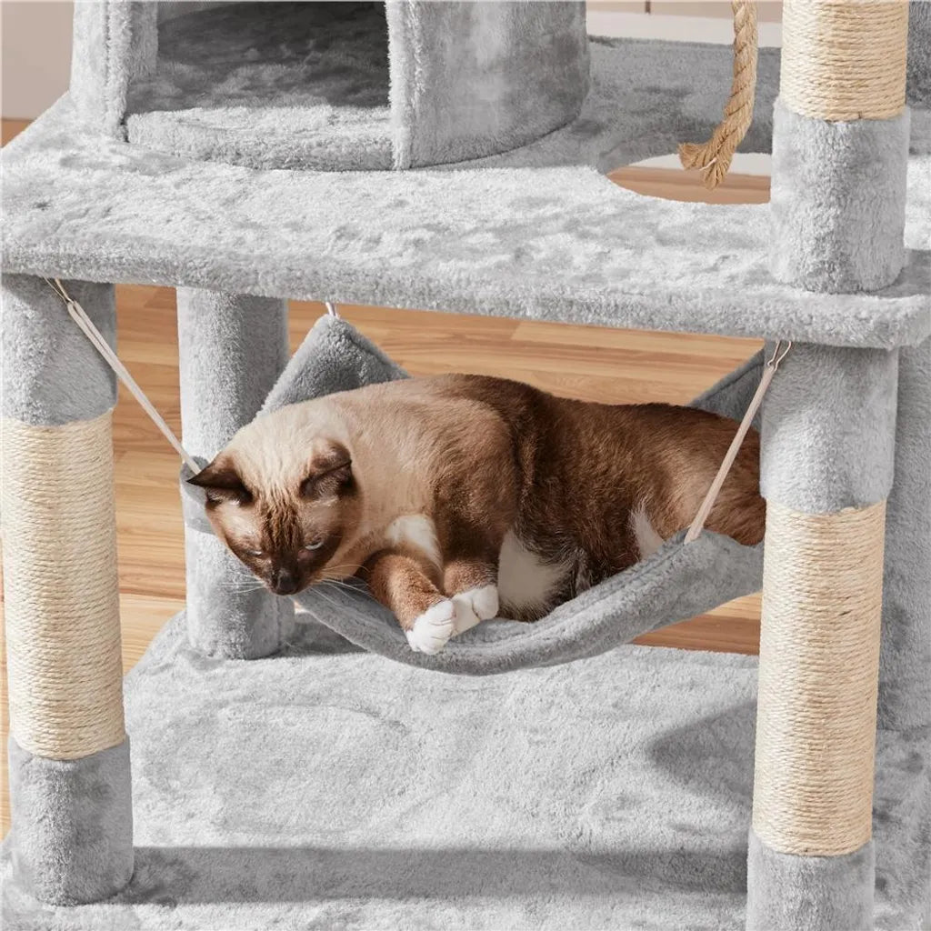 Yaheetech Grote Kattenkrabpaal met 2 Kattenhuisjes en Hangmat - Lichtgrijs - 181 cm