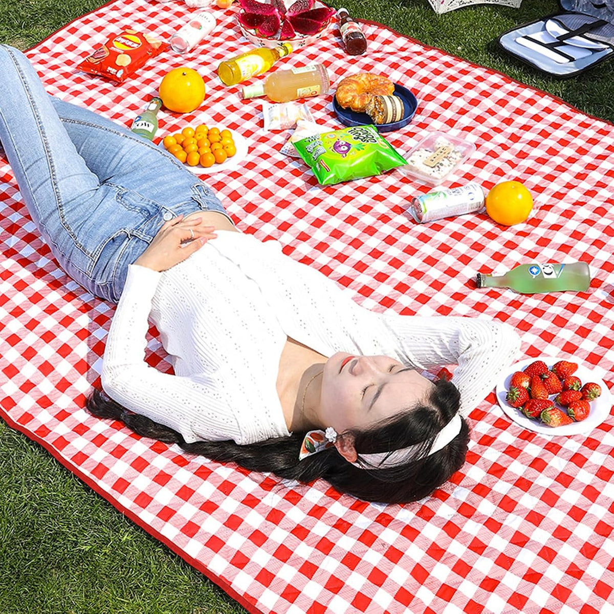 XXL Picknickdeken met waterdichte onderkant - 200 x 200 cm - Met draaggreep - Rood-wit