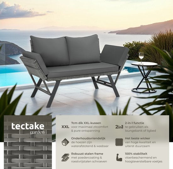 tectake® 2-in-1 Wicker Tuinbank Sintra - Verstelbare Leuningen - Tuinset - Ligbed - Balkon Loungebank - Incl. Kussens - Outdoor Loungesofa - UV- en Weerbestendig Zonnebed - Grijs
