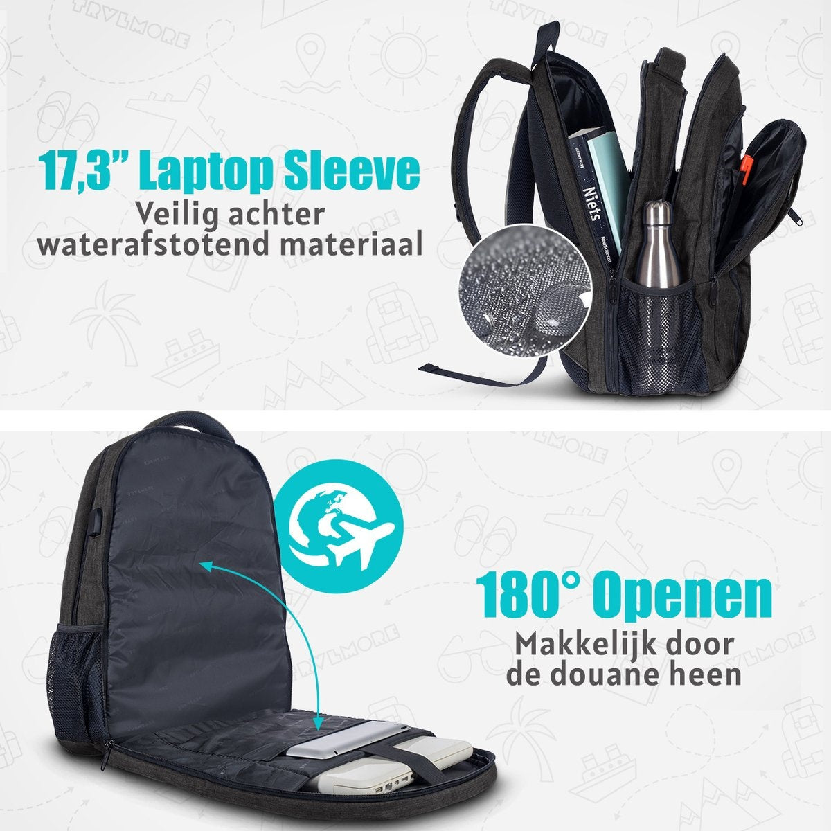 TRVLMORE Rugzak - 36L - 17,3 inch - Laptop Rugtas - Schooltas - Unisex - Spatwaterdicht Antraciet