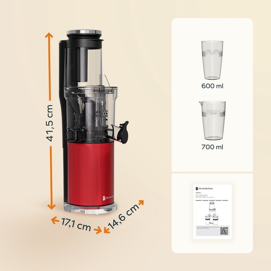 KitchenBrothers Slowjuicer - Verticaal - Juicer - Groenten en Fruitpers - 80 mm - 750 ml - Rood