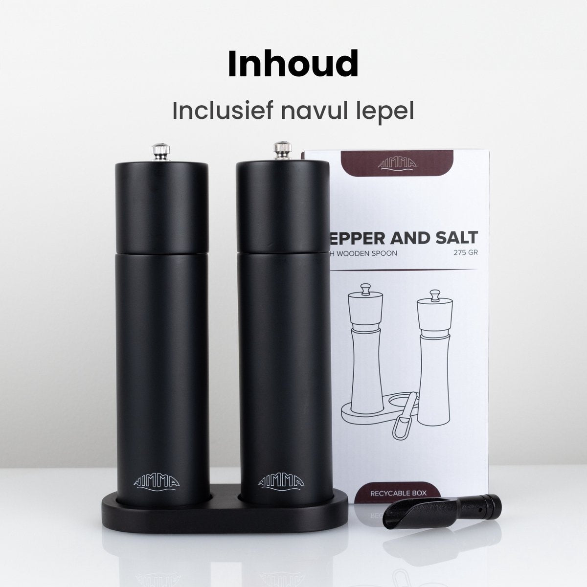 Nimma® Peper en Zoutmolen Set - Incl Navul Lepel - Verstelbare Maalgraad - Duurzaam Acacia Hout - Zwart