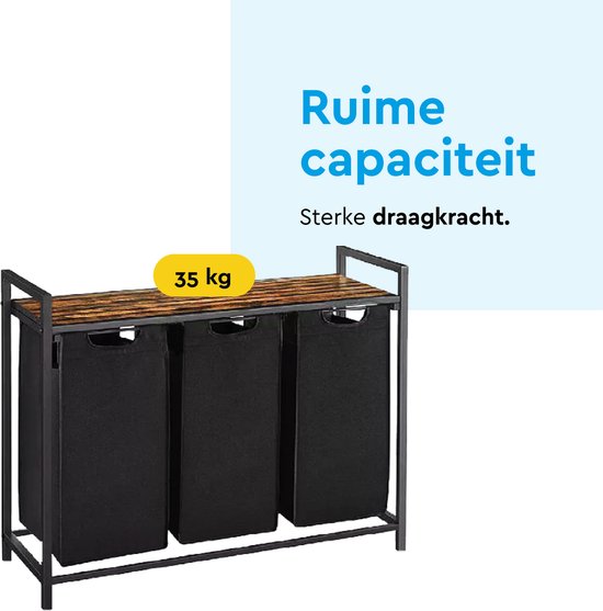 BRASQ Wasmand 3 vakken - Wassorteerder 114 Liter - Uitschuifbaar met Plank 92,5x33x71 cm - Wasbox Zwart Metaal - Bruin hout - Basket
