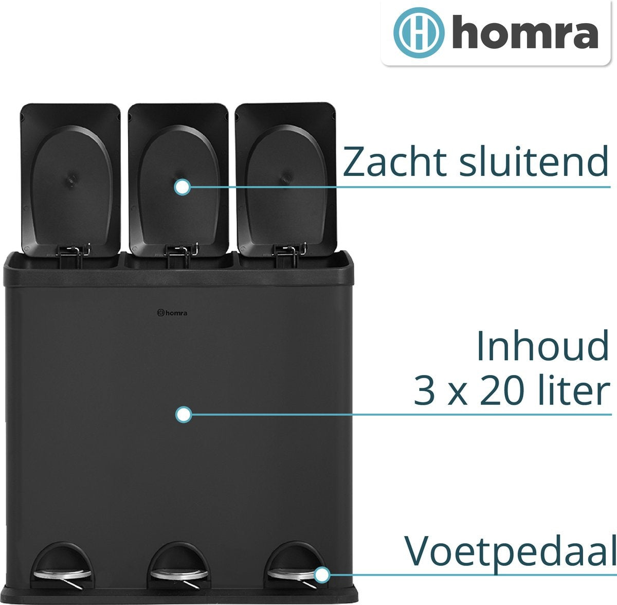 Homra Maxer Prullenbak Met 3 Vakken - 60L (3x20L) - 34 x 60.5 x 60.5 cm - Zwart