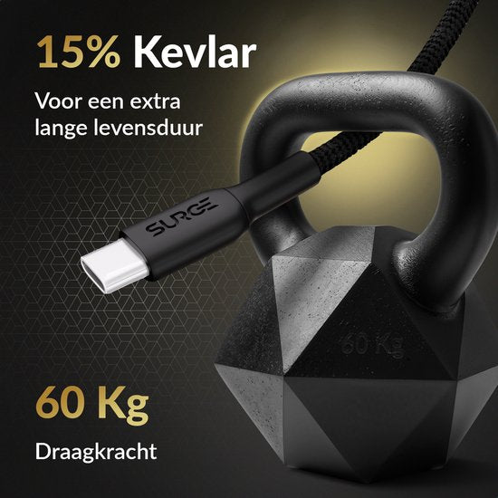 Surge USB C naar USB C kabel - 100W - 2 Meter Oplaadkabel - Snellader met 15% Kevlar - Geschikt voor o.a. Samsung / MacBook / iPhone 15 en 16 / iPad Pro