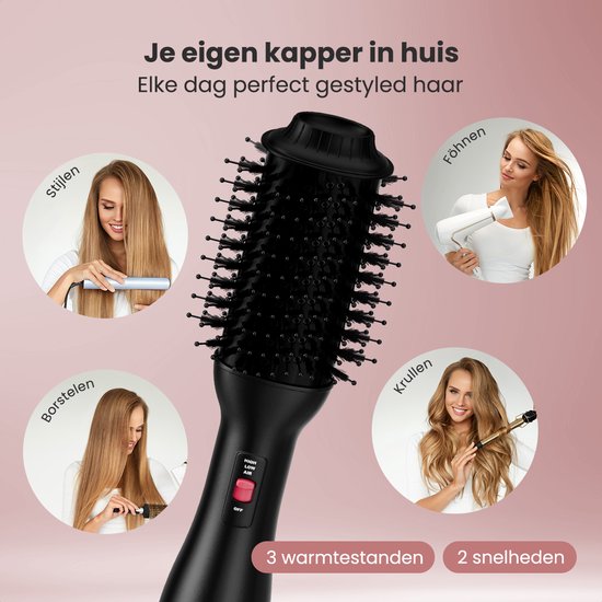 Auronic 4-in-1 Föhnborstel - Airstyler - Kammen - Stijlen - Krullen - Föhnen - 37 mm Krulborstel - 360 Graden Airflow - Zwart/Roze