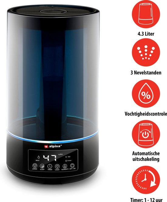 alpina Luchtbevochtiger 4.3L - Humidifier - Aroma Diffuser met Timer - Afstandsbediening - Zwart