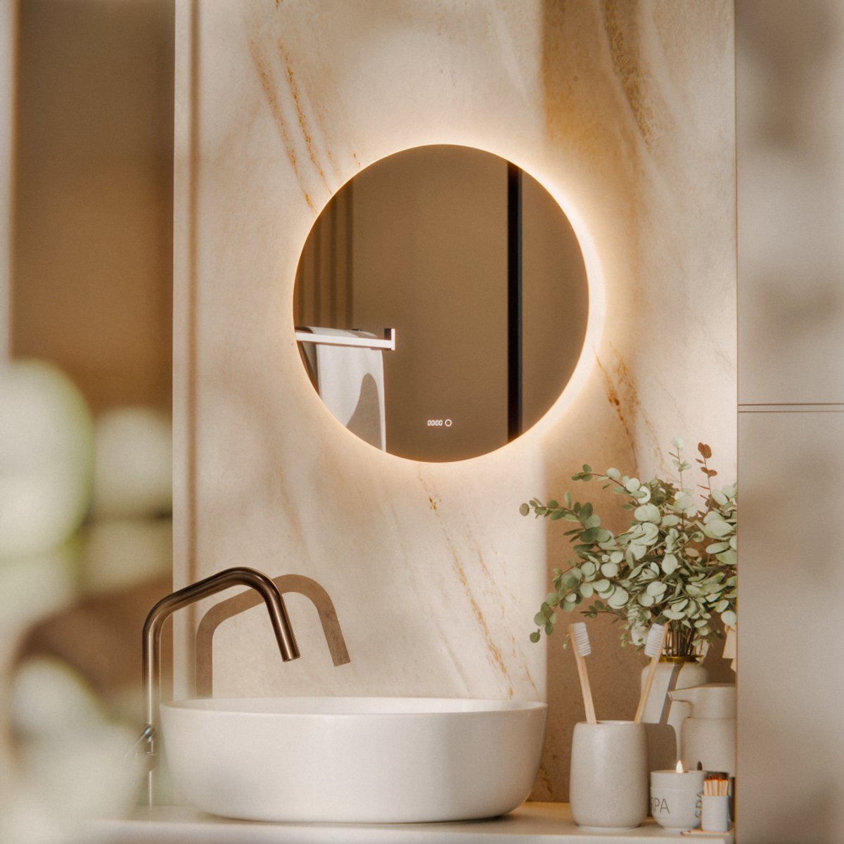 Beloura Badkamerspiegel met Verlichting - Ronde Badkamer Spiegel - Verwarming - Klok - LED - 50 cm