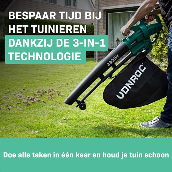 VONROC Bladblazer – Zuigen & Versnipperen – 3300 W – Incl. 40 liter Opvangzak – Zwart