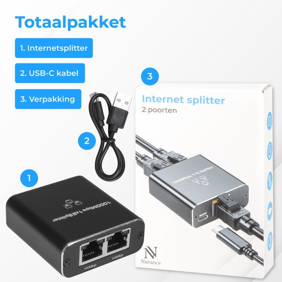 Nuvance - Internet Splitter - 2 Poorten - Netwerk Switch - tot 1000Mbps - Netwerk Splitter - RJ45, Cat5, Cat6, LAN, UTP, Ethernet Splitter - Zwart