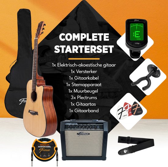 Finesse Elektrische Akoestische Gitaar met Versterker - met Videocursus - 4/4 41 inch - Accessoires - Volwassenen - Kind