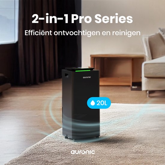 Auronic Luchtontvochtiger en Luchtreiniger - Pro Series - 20L per dag - Was-droog functie - Slaapkamer, Badkamer en Woonkamer - Vochtvreter voor in Huis - Zwart