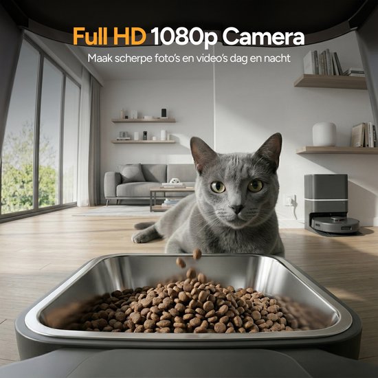 Viervoeter Feed Pro - Automatische Voerbak 6L - HD camera & Audio - Kat en Hond - Voerautomaat met App - Zwart