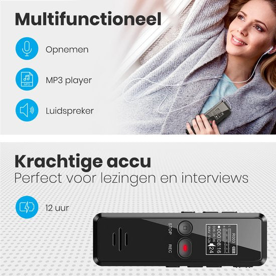 Auronic Digitale Voice Recorder - Dictafoon - 8GB Opslag - Ruisonderdrukking - USB Oplaadbaar - Afluisterapparatuur - Zwart