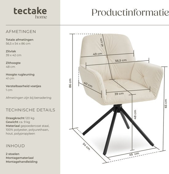 tectake® Draaifauteuil Lenia - Set van 2 Draaifauteuils met Armleuning - Draaibare Eetkamerstoel - Draaibare Fauteuils - Gestoffeerd - Fluweellook Crème/Zwart