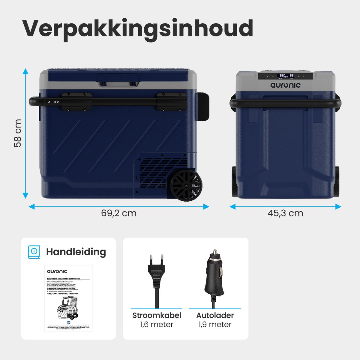 Auronic Compressor Elektrische Koelbox met Wielen - Vriezen en Koelen - 58L - 69.2 x 45.3 x 58 cm - Blauw