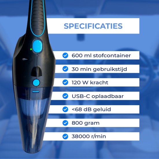 TTD® Premium Autostofzuiger Draadloos - Extra Krachtig 14.000 Pa - Nat & Droog - Inclusief Premium HEPA-filter - Draadloze Kruimelzuiger - Stofzuiger voor Auto - Handstofzuiger - Kruimeldief