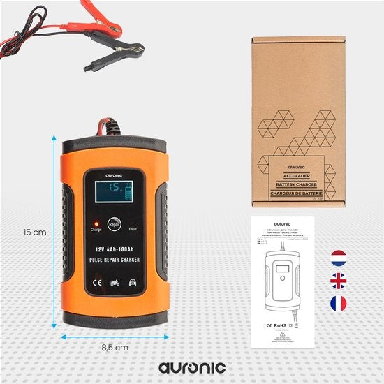 Auronic Acculader - Druppellader - voor Auto en Motor - 12V - tot 100Ah - Oranje