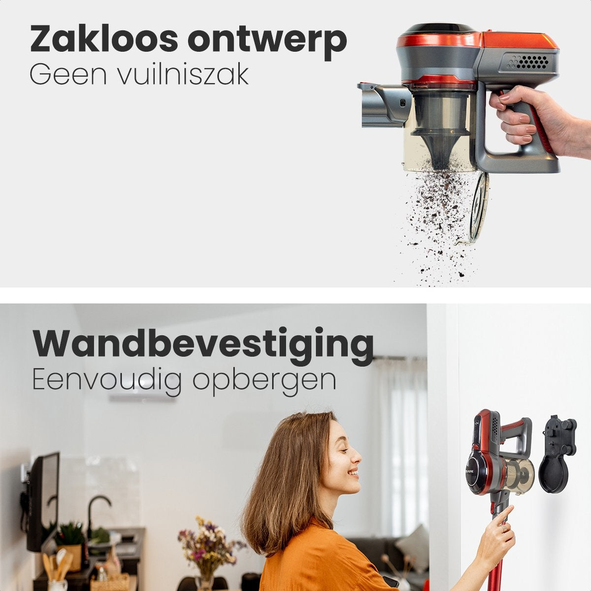 Auronic Steelstofzuiger Draadloos - Zonder Zak - Op Accu - 4-in-1 - 160W - Vacuum Cleaner - Rood/Grijs - Draadloze stofzuiger