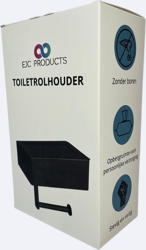 WC Rolhouder - Toiletrolhouder - Zwart - RVS - Zonder boren - Met Plankje & Bakje - Inclusief montagemateriaal - Toilet accessoires - EJC Products